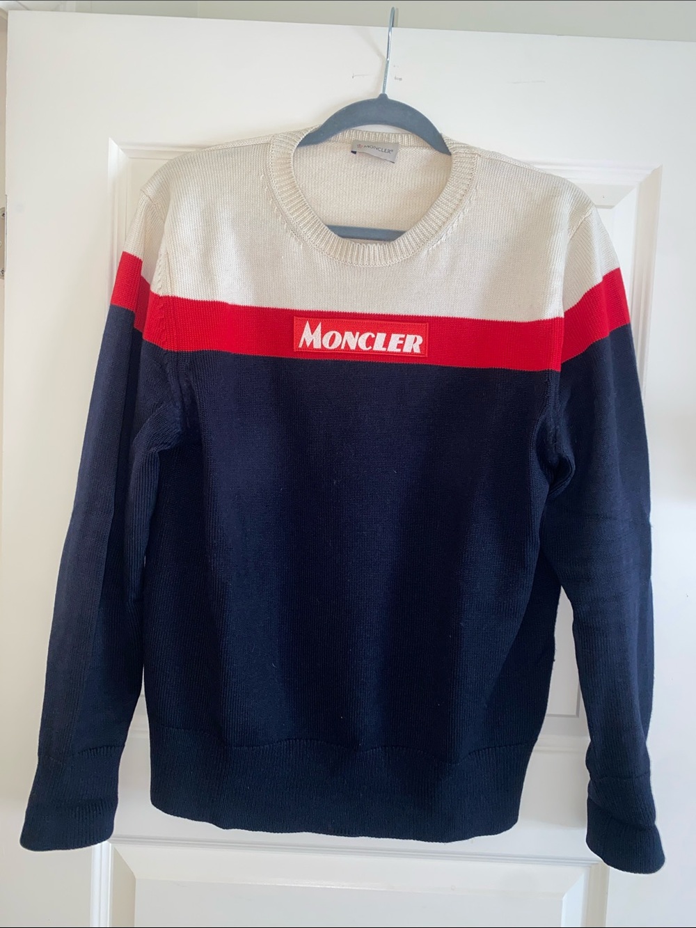 Moncler Navy, White & Red Colorblock Logo Crewneck Sweater